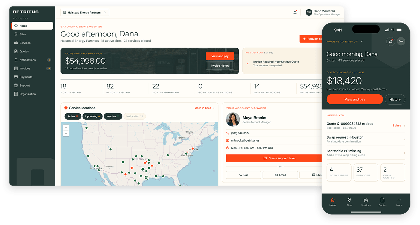 Detritus customer app on desktop and phone, showing an outstanding balance,
site and service counts, a service location map, and a named account manager.